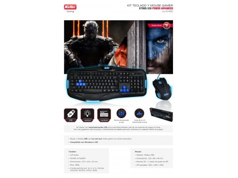 TECLADO Y MOUSE GAMER POWER ADVANCED USB KOLKE KTMIG-530 